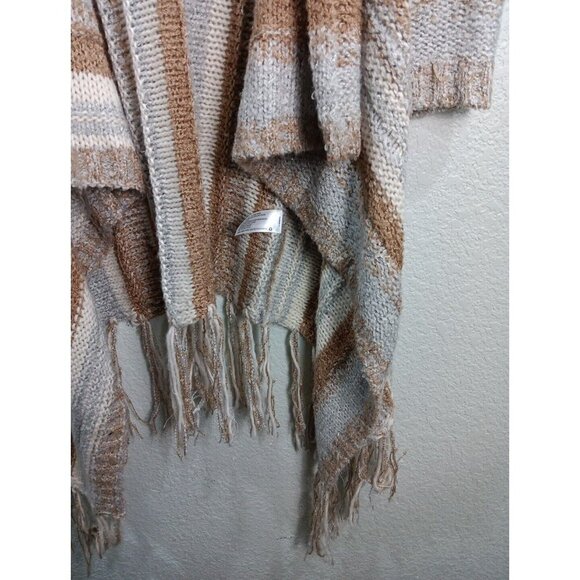 Knox Rose Long Knit Cardigan Duster Womens Large Open Front Fringe Boho Neutral - Picture 3 of 6
